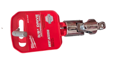 Three different sizes of Milwaukee universal joint adapters on red retail pegboard display cards.