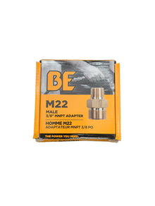 BE Power Equipment M22 male to 3/8 inch MNPT brass adapter packaged in a box.