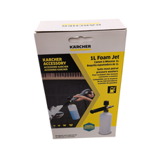 Retail packaging for Karcher 1L Foam Jet showing product illustration and compatibility icons.