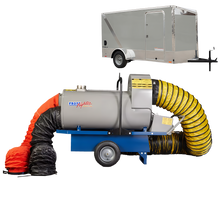 Industrial machine with flexible ducts and a trailer in the background on a white background