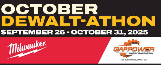 OCTOBER POWER TOOL MONTH – KICKOFF DAY FRIDAY SEPT 26 - Milwaukee & Dewalt Sweatshirt w/ $250 brand purchase