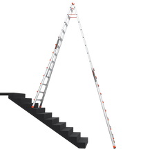 Extension ladder leaning against a set of stairs on a white background
