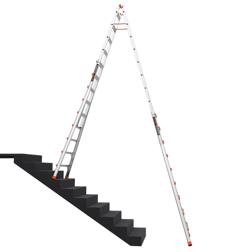Extension ladder leaning against a set of stairs on a white background