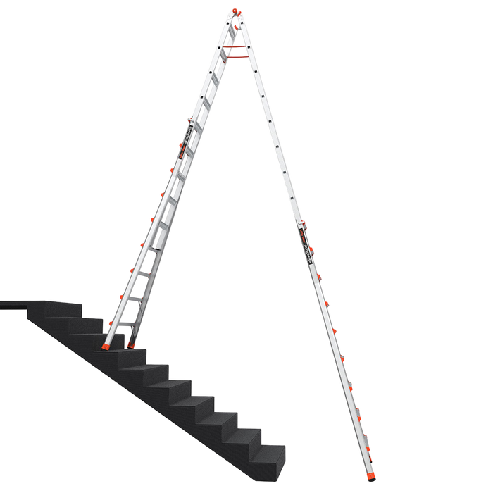 Extension ladder leaning against a set of stairs on a white background