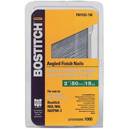 BOSTITCH Finish Nails, Finishing Style, Angled, 15Ga, 2-Inch, Indoor Use, 1000-Packpackage May Vary)