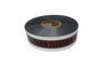 A roll of white utility marking tape with a red horizontal stripe printed with the text BURIED ELECTRIC and a metallic-looking reflective backing.