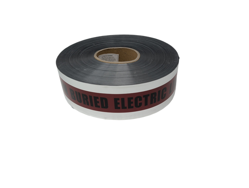 A roll of white utility marking tape with a red horizontal stripe printed with the text BURIED ELECTRIC and a metallic-looking reflective backing.