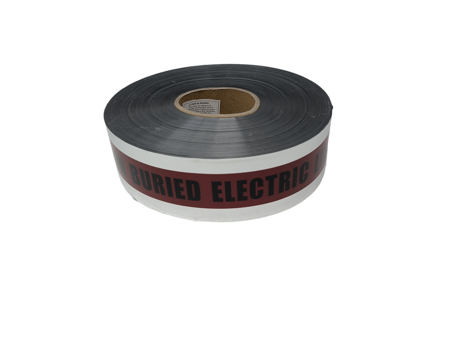 A roll of white utility marking tape with a red horizontal stripe printed with the text BURIED ELECTRIC and a metallic-looking reflective backing.