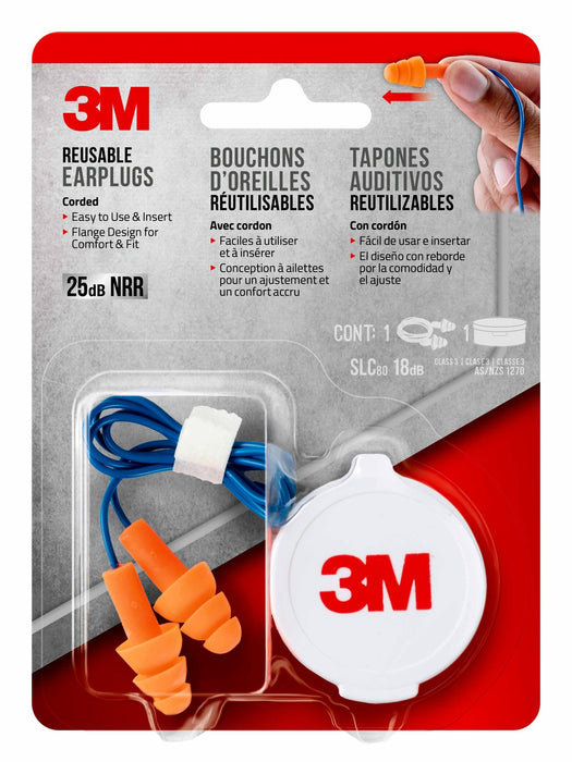 3Mâ„¢ Corded Reusable Earplugs, 90586H1-DC, 1 pair with case/pack, 10 packs/case