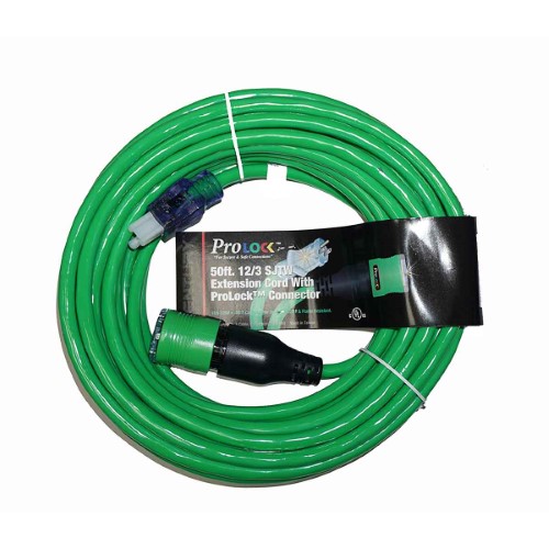 50' Locking Extension Cord, Green, 12/3
