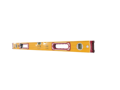 A 32-inch Stabila Type 196-2 yellow aluminum spirit level with red end caps, a central handle, and three vials, wrapped in clear protective film.