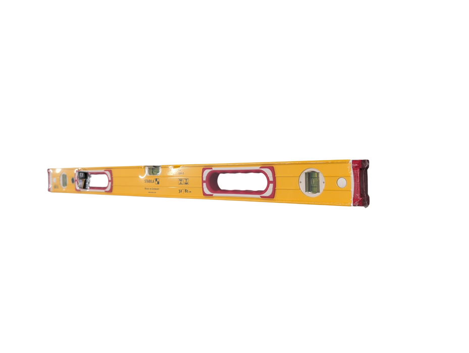 A 32-inch Stabila Type 196-2 yellow aluminum spirit level with red end caps, a central handle, and three vials, wrapped in clear protective film.