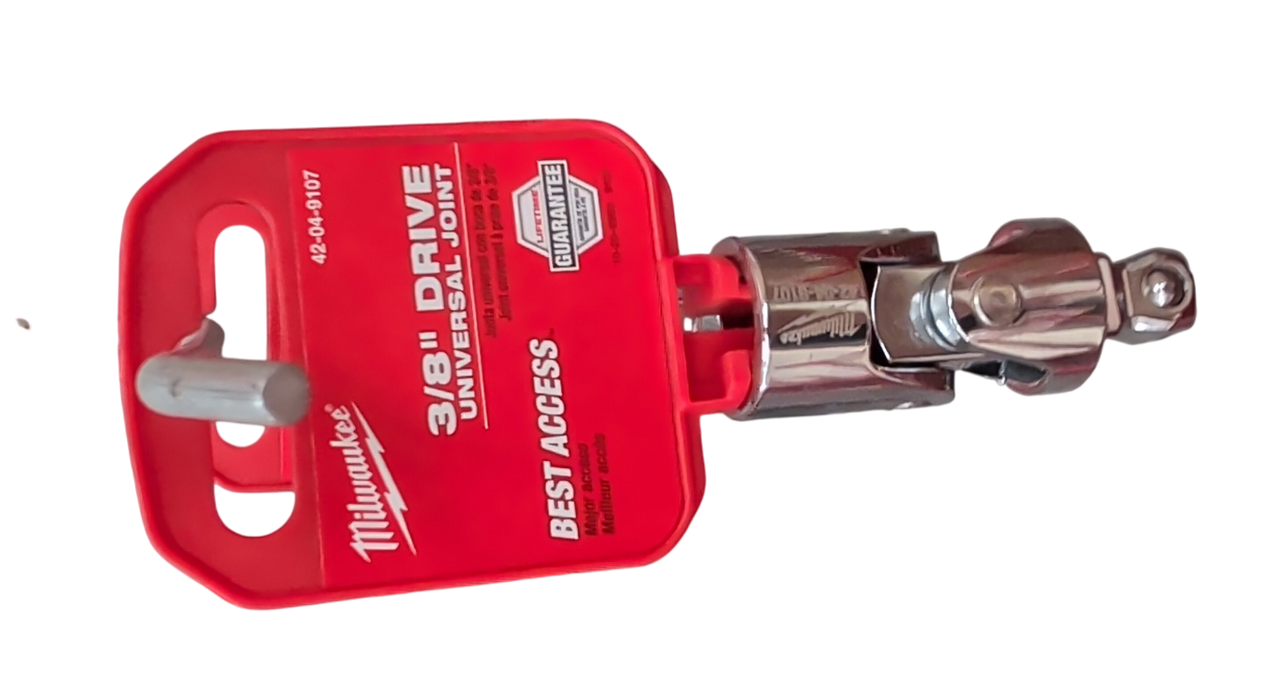 Three different sizes of Milwaukee universal joint adapters on red retail pegboard display cards.