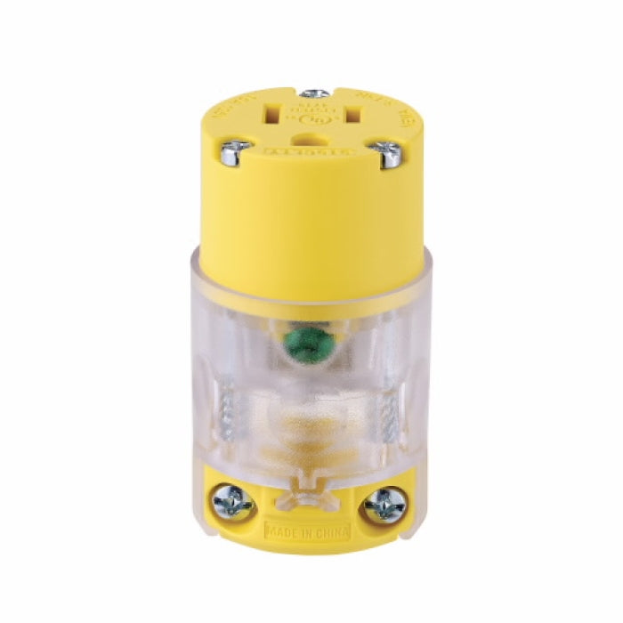 Eaton straight blade connector, Lighted/Power Indicating, #18-12 AWG, 15A, Residential & Commercial, 125V, Back wire, Yellow, Brass, Nylon, 5-15R, Two-pole, three-wire, grounding, Straight body, Screw, Green LED pilot light, Nylon