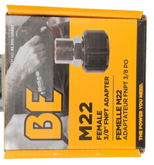 BE Power Equipment M22 female to 3/8 inch FNPT adapter in its yellow and black retail packaging.