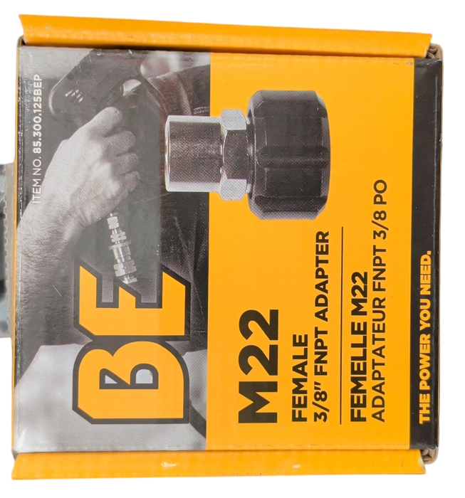 BE Power Equipment M22 female to 3/8 inch FNPT adapter in its yellow and black retail packaging.