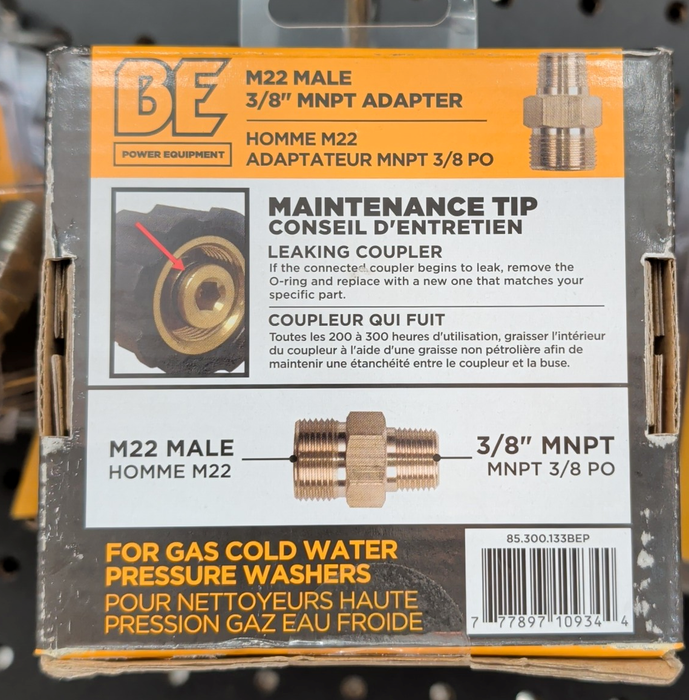 Retail packaging for BE Power Equipment M22 to 3/8 inch MNPT adapter showing maintenance instructions and product specifications.