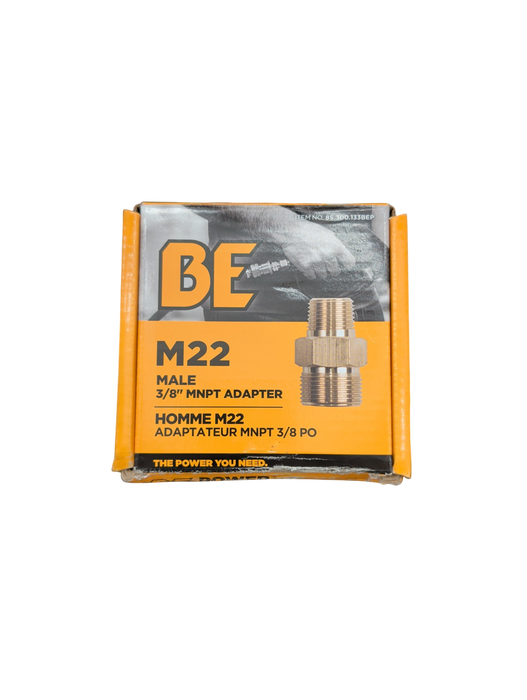 BE Power Equipment M22 male to 3/8 inch MNPT brass adapter packaged in a box.