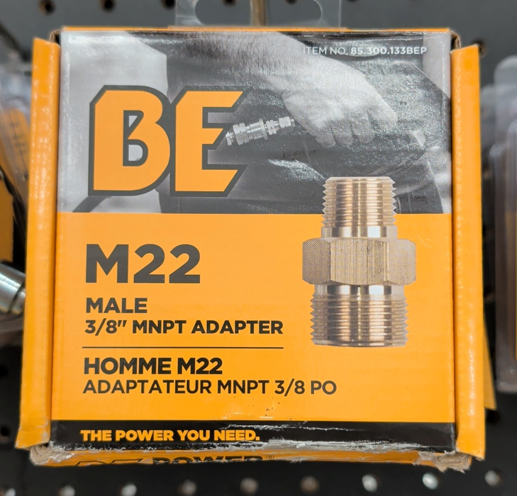 BE Power Equipment M22 male to 3/8 inch MNPT brass adapter packaged in a box.