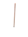 A light-colored wooden handle with a circular white cap resting on a retail store floor near metal rake heads.