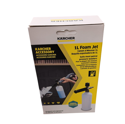 Retail packaging for Karcher 1L Foam Jet showing product illustration and compatibility icons.
