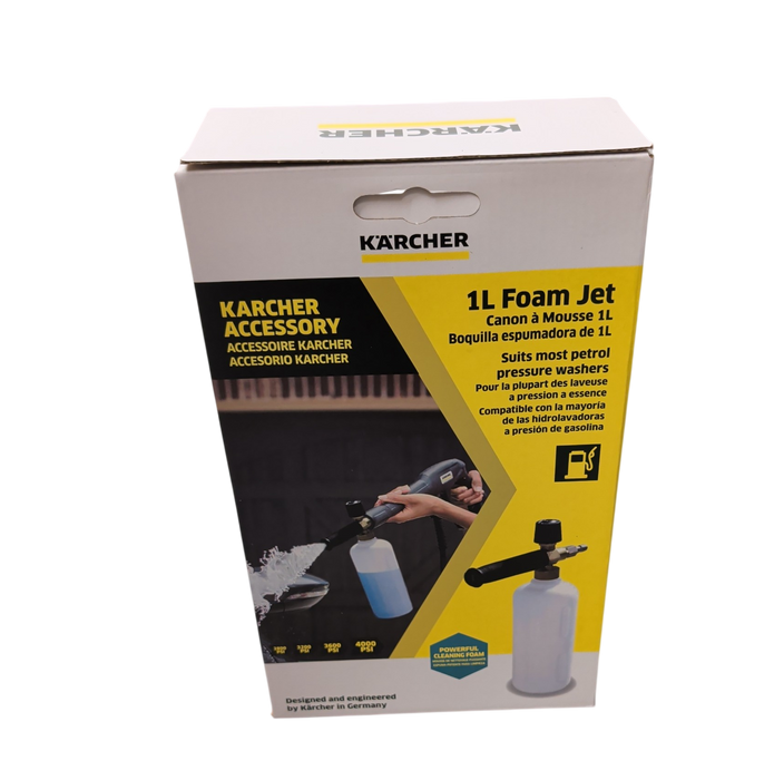 Retail packaging for Karcher 1L Foam Jet showing product illustration and compatibility icons.