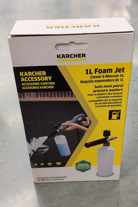 Retail packaging for Karcher 1L Foam Jet showing product illustration and compatibility icons.