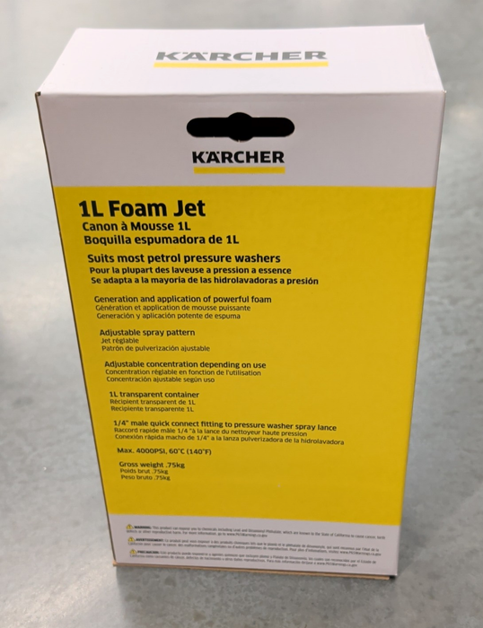 Side panel of Karcher 1L Foam Jet packaging displaying technical specifications, compatibility, and warning text.