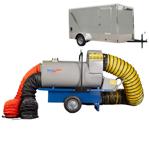 Industrial machine with flexible ducts and a trailer in the background on a white background