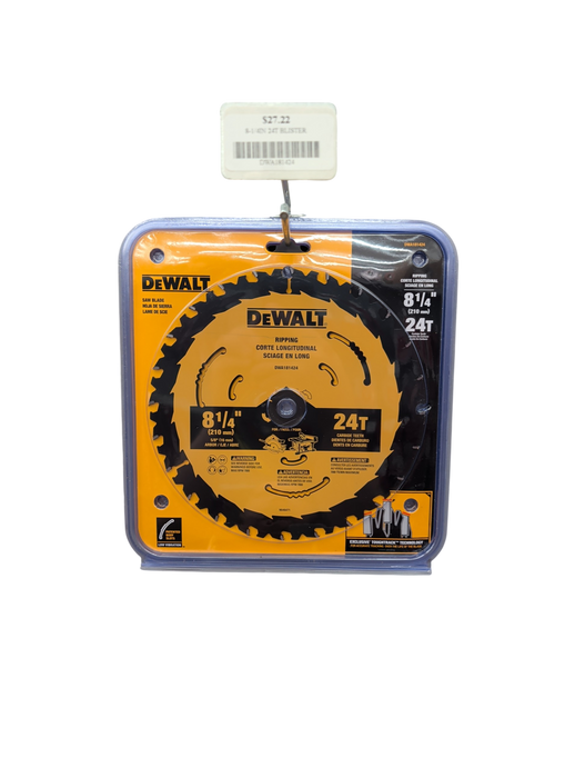 A DEWALT 8-1/4 inch, 24-tooth circular saw blade in its retail blister packaging on a store pegboard display.