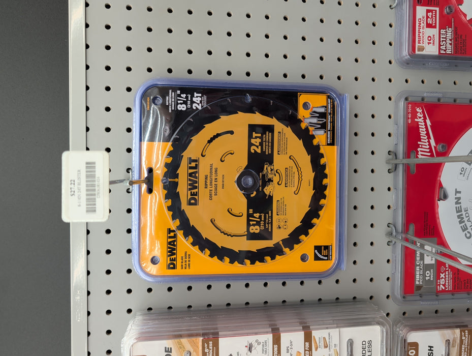 A DEWALT 8-1/4 inch, 24-tooth circular saw blade in its retail blister packaging on a store pegboard display.