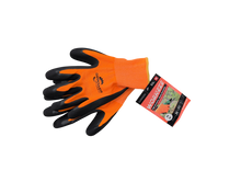 A pair of orange high-visibility knit work gloves with black latex foam palm coating and elasticized cuffs, shown with an attached product hang tag.