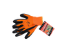 A pair of orange high-visibility knit work gloves with black latex foam palm coating and elasticized cuffs, shown with an attached product hang tag.