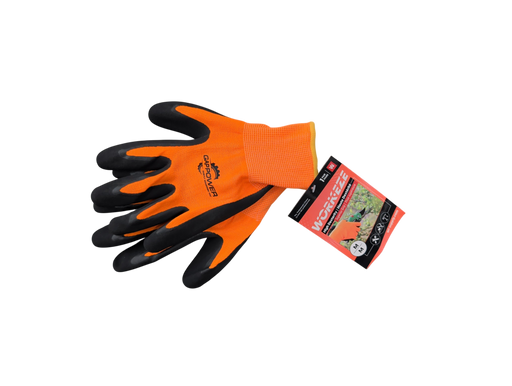 A pair of orange high-visibility knit work gloves with black latex foam palm coating and elasticized cuffs, shown with an attached product hang tag.