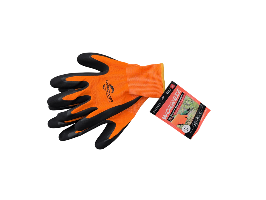 A pair of orange high-visibility knit work gloves with black latex foam palm coating and elasticized cuffs, shown with an attached product hang tag.