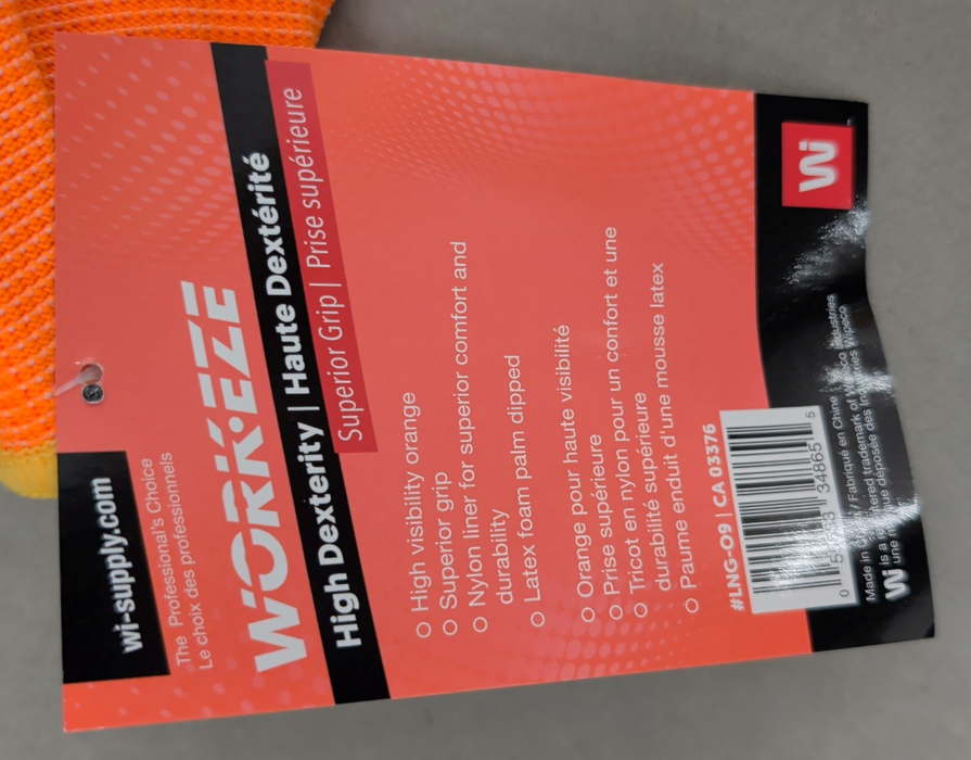 Close-up view of the retail hang tag for WorkEze high-dexterity work gloves, displaying product features, model number LNG-09, and barcode information.